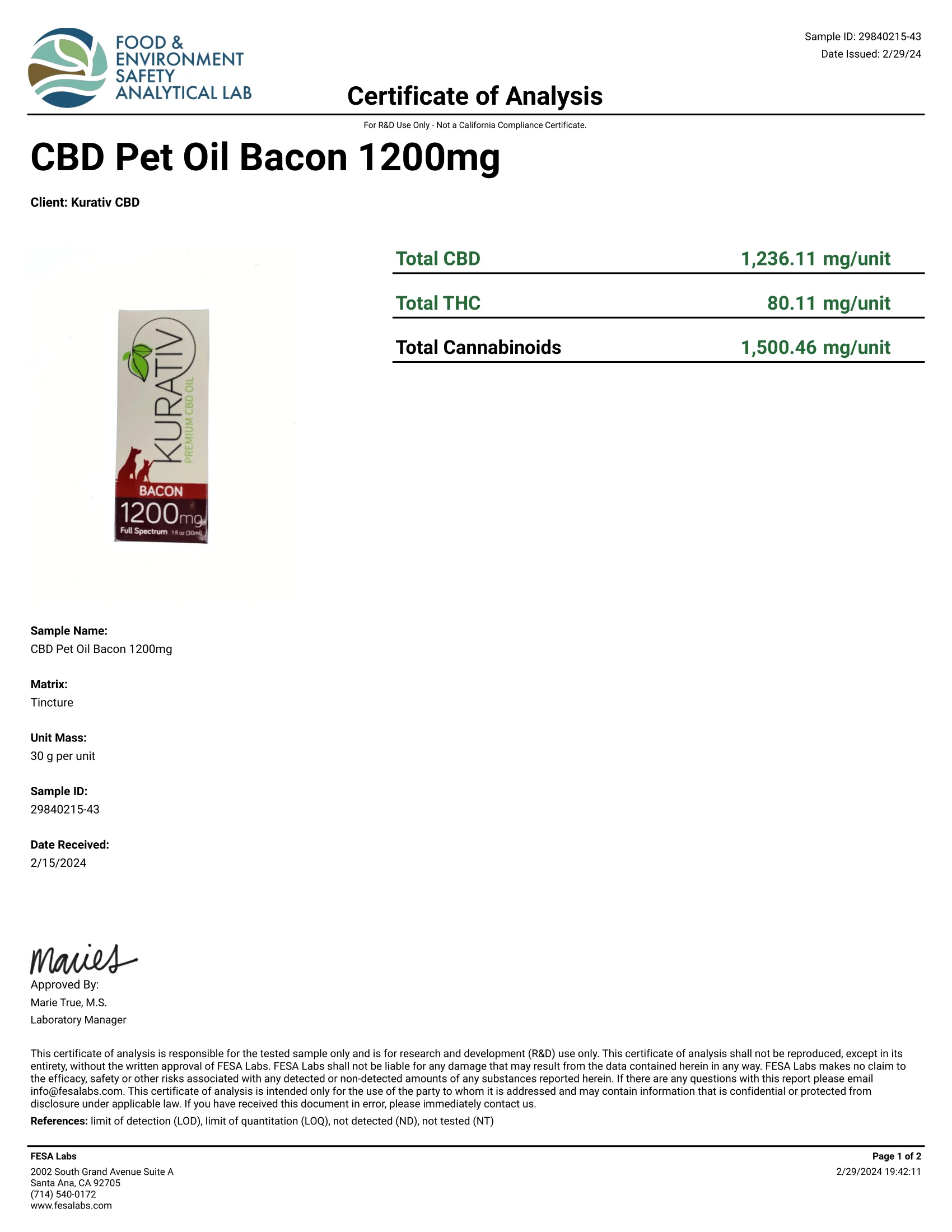 Kurativ CBD Pet Tincture 1200mg - Bacon - Image 2