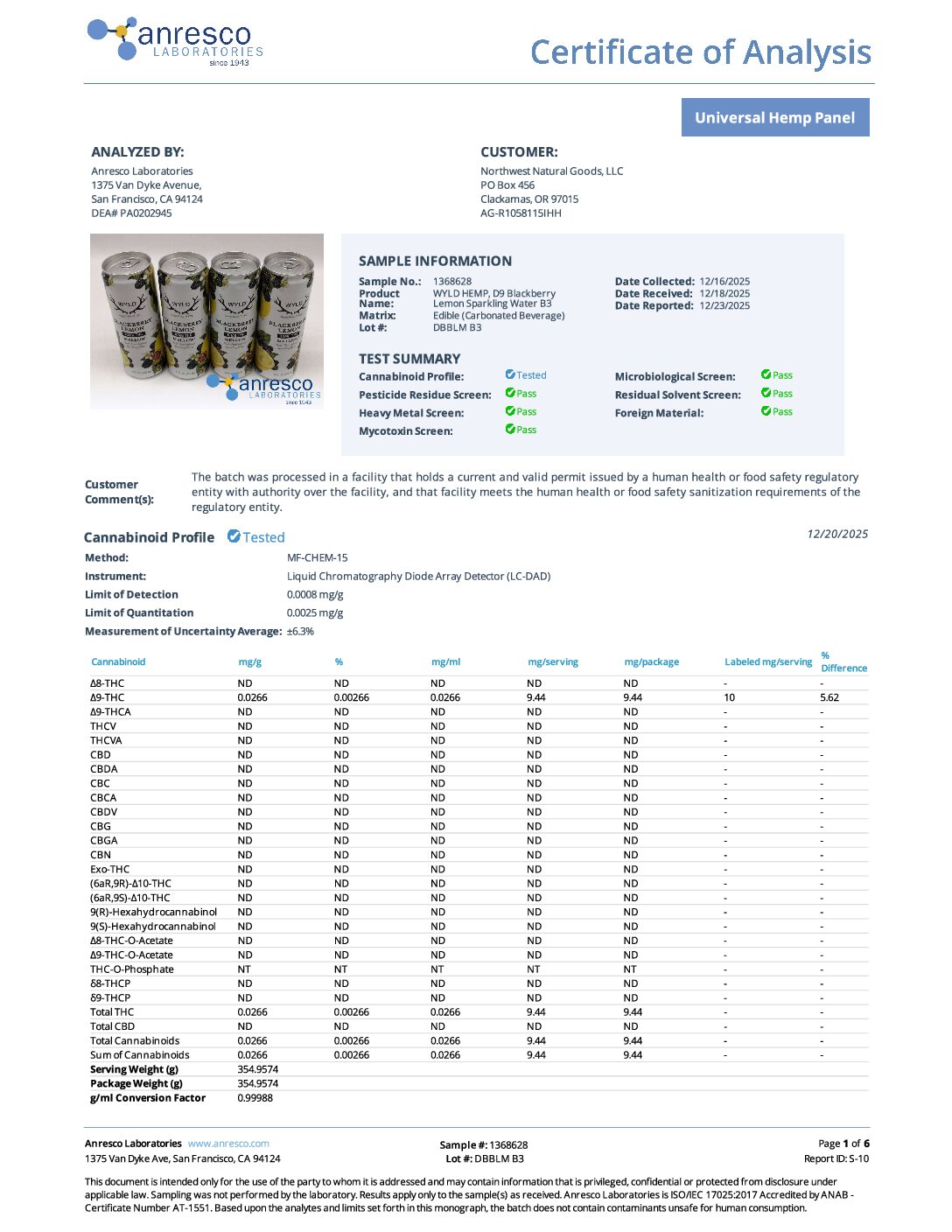 Wyld Sparkling Water THC Mellow 10mg - Blackberry Lemon - Image 2